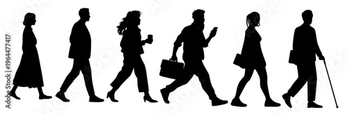 Silhouettes set of people walking side view. Each figure moves forward with purpose and stride. Diverse styles suggest urban professionals and travelers. Some carry bags, phones. Isolated on white