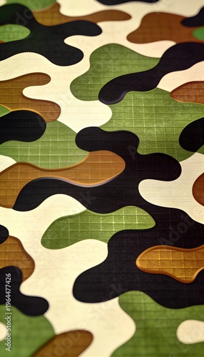Abstract camouflage pattern with textured fabric in earthy tones and green hues