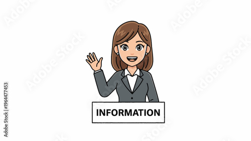 Businesswoman Waving Behind Information Desk Cartoon Vector