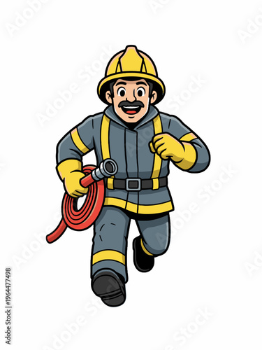 Firefighter Running with Hose Cartoon Illustration