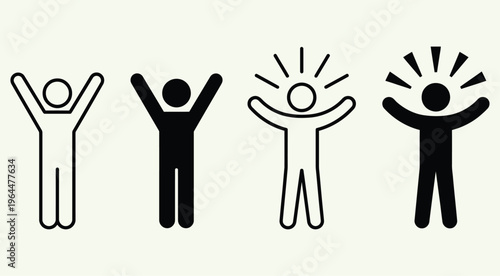 Happy person icon with raised arms. Joyful human figure pictogram. Success, celebration and positive emotion concept for business, achievement, motivation and user interface design.