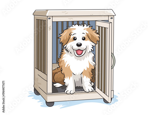 Puppy crate training graphic. Cute fluffy puppy dog sitting in kennel with open door. Concept for how to crate train a puppy dog. Cartoony style. Vector. White background.