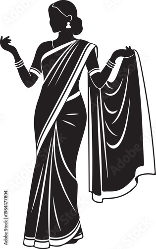 Indian woman, sari silhouette, traditional clothing, black and white vector