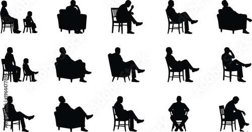 Set of sitting people silhouettes, men and women seated on chairs and sofas, different poses, black vector icons isolated on white background