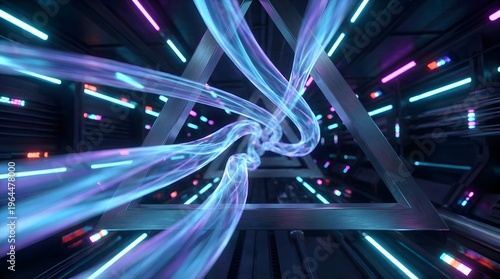 Abstract streams of glowing blue and purple energy swirl through a futuristic neon tunnel