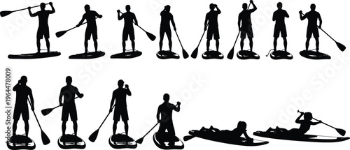 Silhouette paddleboarding poses, stand up paddle board sport, water activity, recreation, fitness exercise, outdoor adventure, summer leisure, ocean lifestyle, aquatic balance