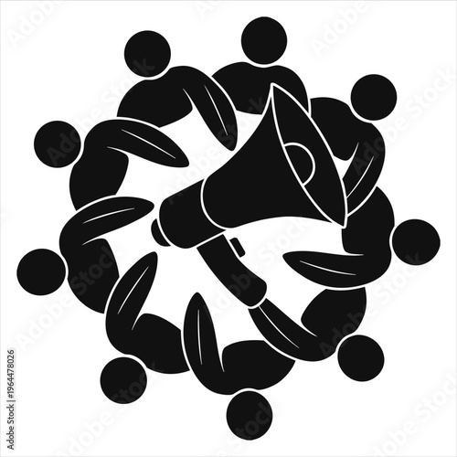 Diverse group of people in circle around a megaphone, symbolizing public awareness and communication.