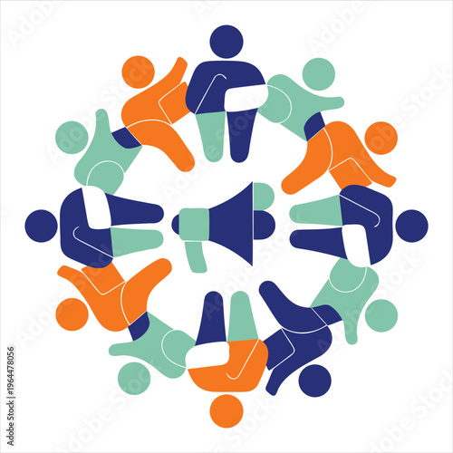 Abstract circle of diverse people holding hands around a central megaphone, representing unity and shared communication.