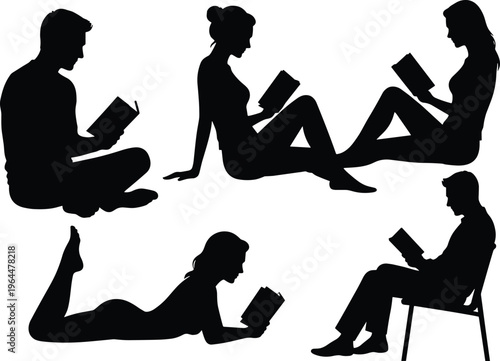 Silhouette people reading books, relaxing in seated and reclining positions, educational vector illustration design, leisure activity symbol, literature study creative art concept