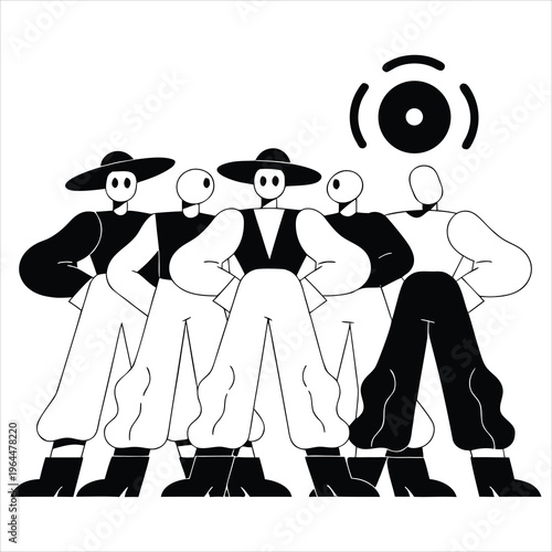 Diverse group of stylized people in hats standing together with a sense of unity and purpose