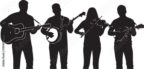Musician silhouettes, band icons, guitar, banjo, violin, musical instruments, black vector illustrations