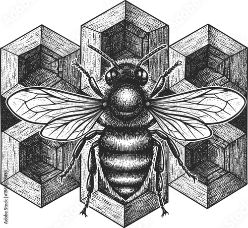 Detailed honey bee illustration with honeycomb pattern, vintage engraving style insect artwork, pollination, nature, beekeeping, organic honey production vector design