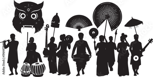 Traditional Japanese festival, cultural icons, black silhouettes, vector illustrations, Japan