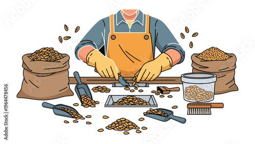 Artisan's Harvest: An artisan meticulously sorts and prepares harvested grains, showcasing dedication to quality and craftsmanship.