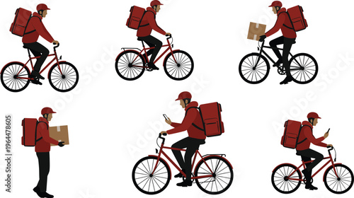 Food delivery cyclists with backpacks, courier service on bicycles, delivery man riding bike with parcel, logistics illustration vector, express shipping, courier work design