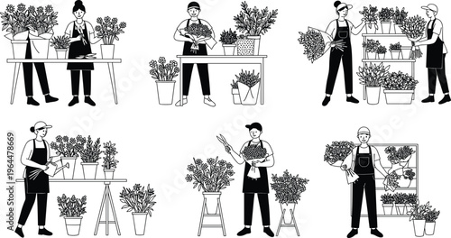 Florist silhouettes arranging flowers in shop, people working with plants, gardening lifestyle illustration vector, flower arrangement design, greenhouse work, black florist silhouette