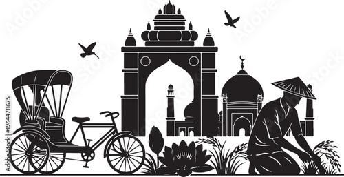 Black and white India iconic landmark vector, rickshaw, man, Gateway of India, monochrome illustration, urban scenery