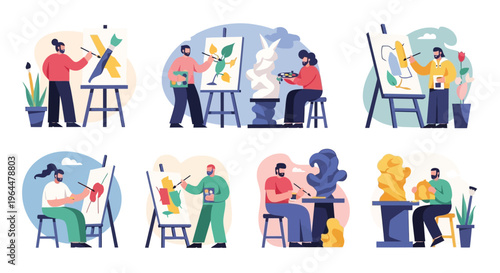 Artists creating paintings and sculptures in various art studios.