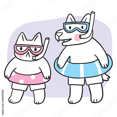 Cute Cat and Dog Wearing Snorkel and Swimsuit
