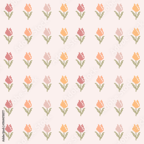 Tulip Pastel Background with Cross Stitch  Pattern, Spring and summer Seamless floral Pattern with soft pink background: Vector Illustration for Fabric, Clothing, wallpaper, tile floor and fashion Des