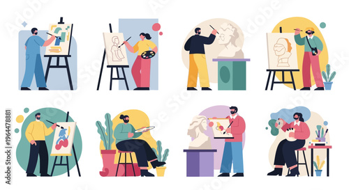 Artists creating various forms of art, including painting on easels, sculpting, and drawing, showcasing their creative processes and artistic endeavors.