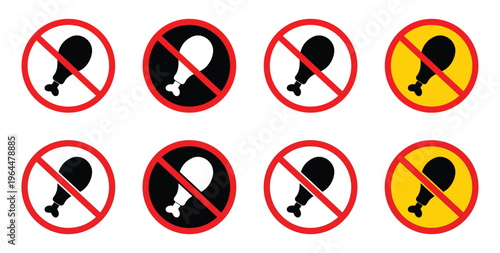 No chicken leg allowed sing. Meat restriction vector symbols.