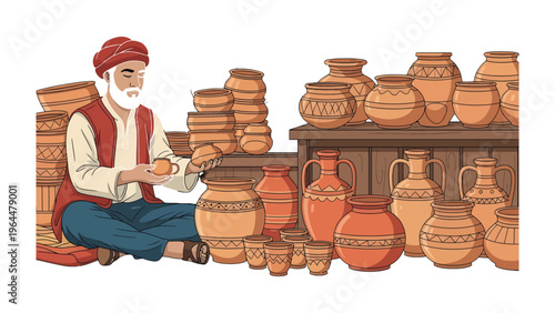 Artisan at Work: An artisan meticulously crafting a piece of pottery, surrounded by a collection of his ceramic creations, showcasing the artistry and tradition.