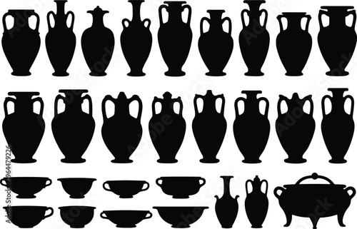 Silhouette vector illustration of ancient pottery vessels, amphorae designs, Greek Roman containers, decorative bowls, historical ceramic artwork, archaeological artifact composition