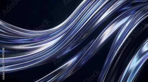 Abstract flowing metallic strands with iridescent highlights against a dark background