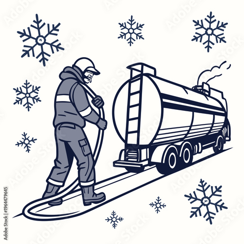 Worker with fuel truck in snow snowflakes winter tanker truck