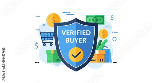Verified Buyer Shield for Secure Online Shopping and E-commerce Trust - Flat Vector Illustration