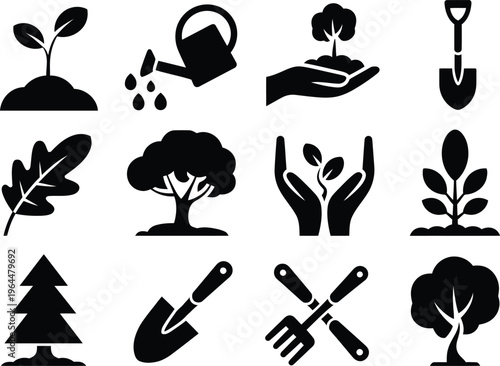 Gardening and farming icon set with plant silhouette and agriculture tools isolated on white background