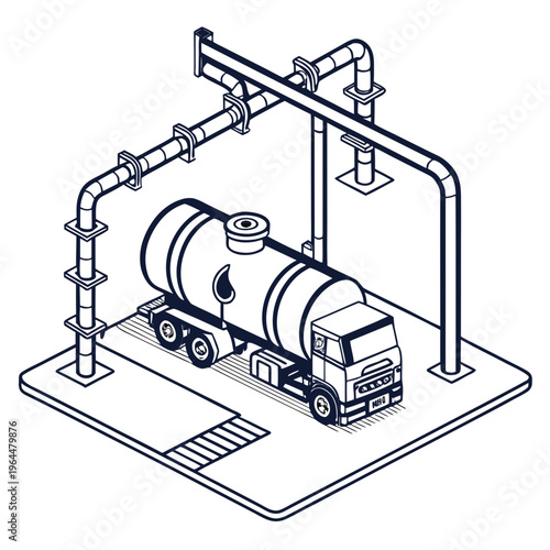 Industrial isometric of tanker truck and pipeline infrastructure