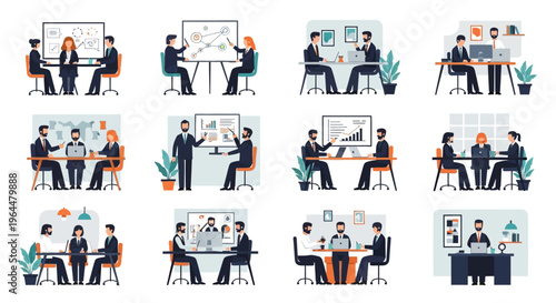 Business professionals collaborating in various office settings, discussing projects and strategies.