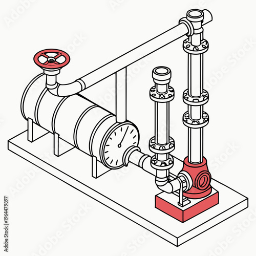 Industrial pipeline system with red accents pipes valves