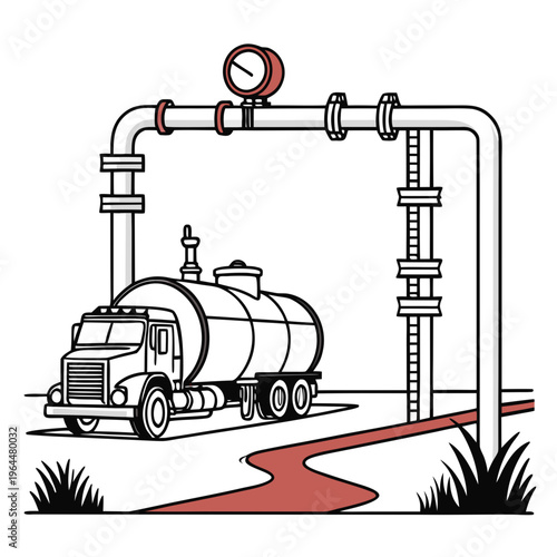 Of tanker truck under industrial pipeline infrastructure