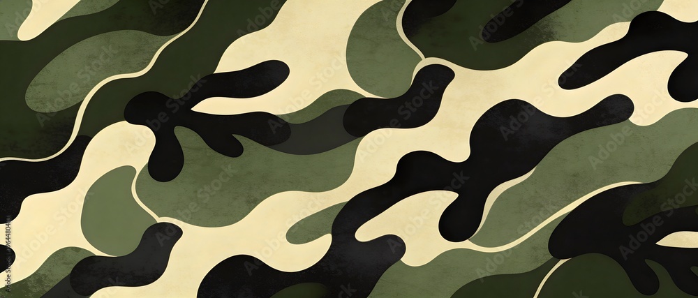 Fototapeta premium Abstract camouflage pattern with organic shapes in green, black, and beige tones