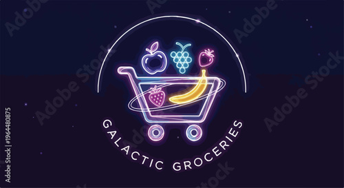 Neon Shopping Cart with Fruit and Galactic Groceries Text Vector
