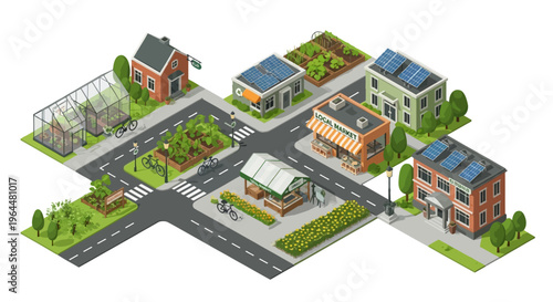 Isometric illustration of a sustainable neighborhood in spring with solar panels, gardens, bikes, trees, and a community market