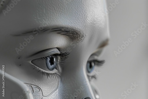Close up of a white android face with blue eyes, showing a glimpse into the future of ai