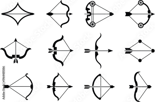 Collection of archery bow and arrow silhouette icons set vector illustration isolated on white background