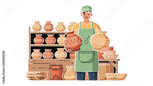 Master of Ceramics: A skilled artisan, clad in an apron and cap, presents meticulously crafted pottery, showcasing expertise and artistry in their workshop setting. 