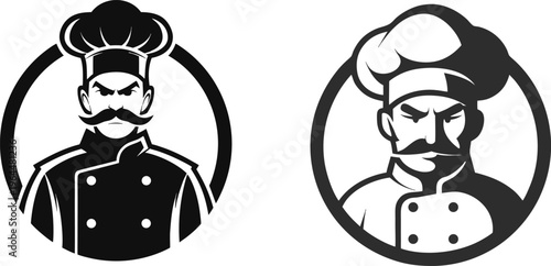 Angry chef mascot logo design set with mustache and professional uniform for restaurant branding and culinary sports team.