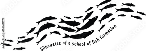 School of fish swimming flow formation silhouette with dynamic marine life movement black vector illustration