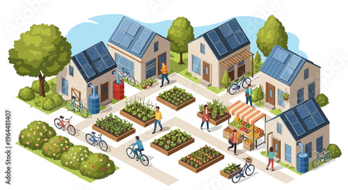 Isometric illustration of a sustainable eco village in spring with solar panels, gardens, and trees, featuring a community market and people biking or walking around the neighborhood