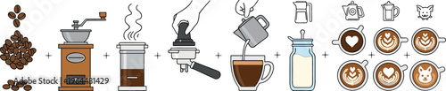 Coffee Preparation Process Icons Set Featuring Grinder, Brewing Methods, Pour Over, French Press, Latte Art Cups, and Barista Tools in Flat Vector Style