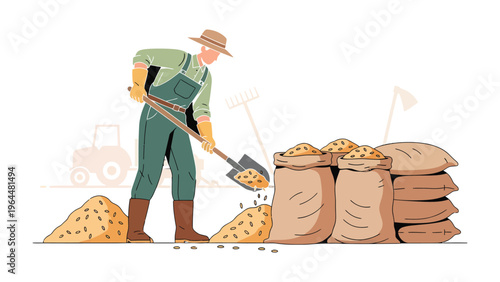 Harvest Worker: Illustration of a farmer diligently shoveling grains.