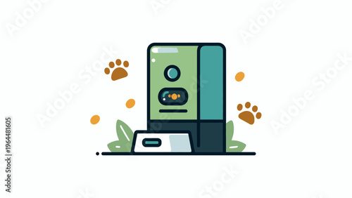 Automatic pet feeder with a food bowl, paw prints, and leaves in a flat design style.