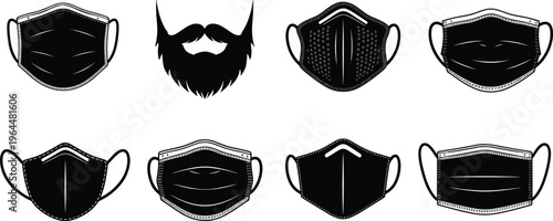 Protective face mask and beard silhouette set with reusable medical respirator icons in black vector collection isolated on gray background