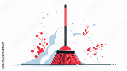 Simple illustration of a red broom cleaning dust and debris with decorative red berries and leaves
